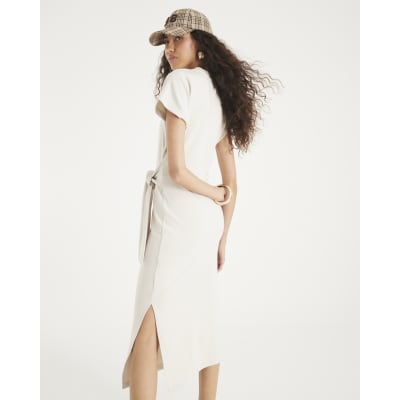 Cream Premium Short Sleeve Knot Midi Dress
