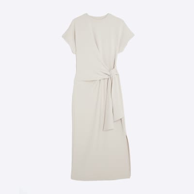 Cream Premium Short Sleeve Knot Midi Dress