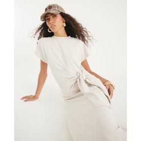 Cream Premium Short Sleeve Knot Midi Dress