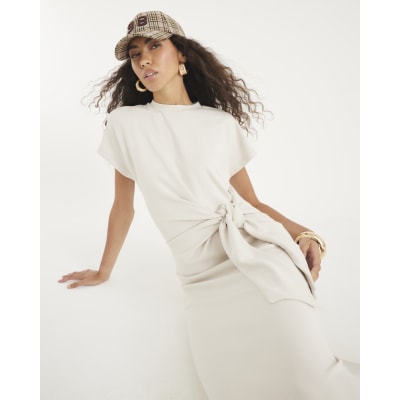 Cream Premium Short Sleeve Knot Midi Dress