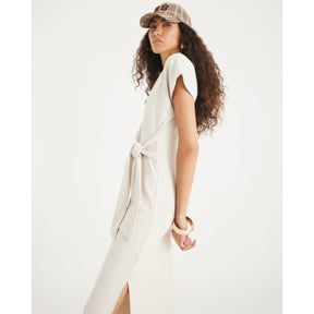 Cream Premium Short Sleeve Knot Midi Dress