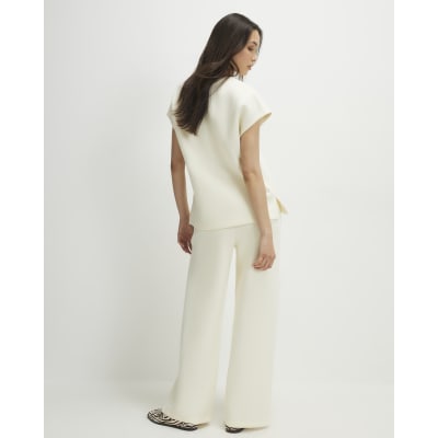 Cream Premium Twill Wide Leg Joggers