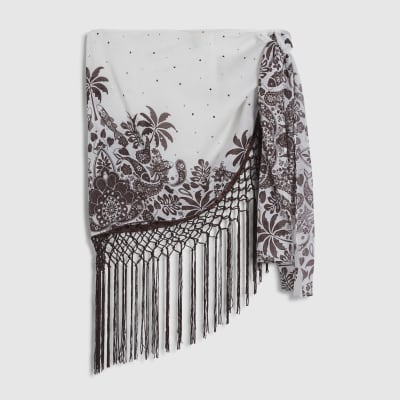 Cream Print Fringe Sarong