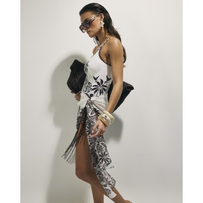 Cream Print Fringe Sarong