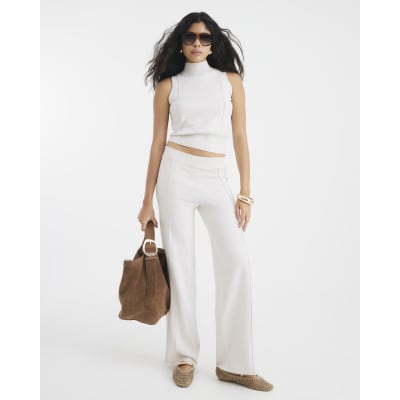 Cream Ribbed Roll Neck Sleeveless Top