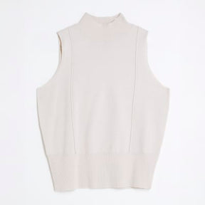 Cream Ribbed Roll Neck Sleeveless Top