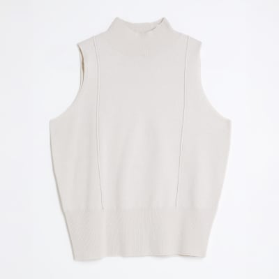 Cream Ribbed Roll Neck Sleeveless Top