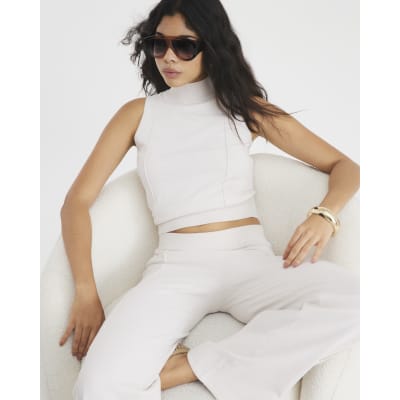 Cream Ribbed Roll Neck Sleeveless Top