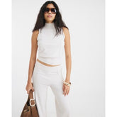 Cream Ribbed Roll Neck Sleeveless Top