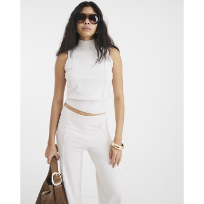 Cream Ribbed Roll Neck Sleeveless Top