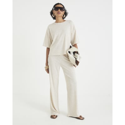 Cream Ribbed Wide Leg Trousers