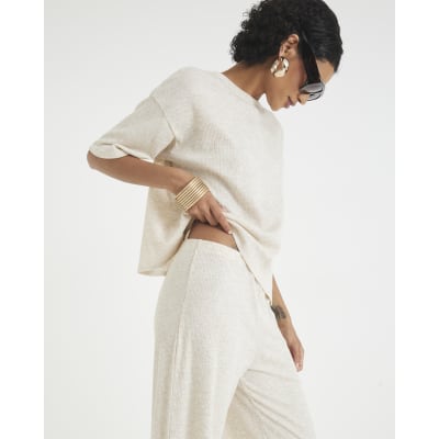 Cream Ribbed Wide Leg Trousers