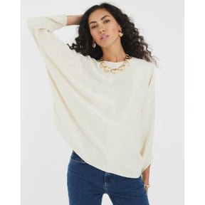 Cream Satin Long Batwing Sleeve Top