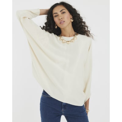 Cream Satin Long Batwing Sleeve Top