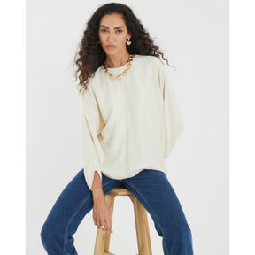 Cream Satin Long Batwing Sleeve Top