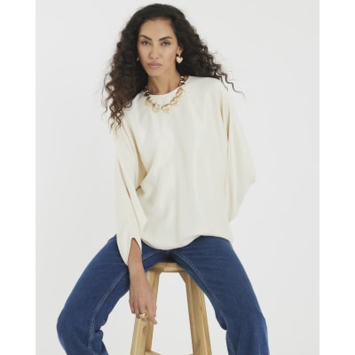 Cream Satin Long Batwing Sleeve Top