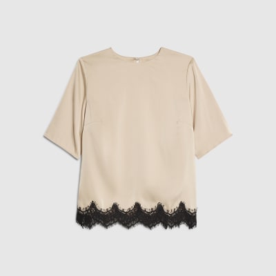 Cream Satin Short Sleeve Lace Trim Top