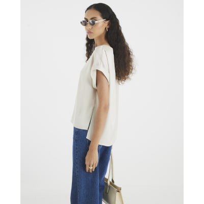 Cream Satin Turn Back Cuff T-shirt