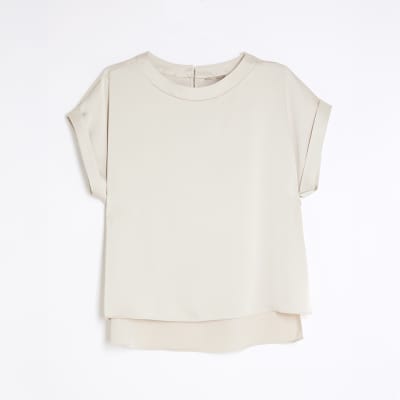 Cream Satin Turn Back Cuff T-shirt