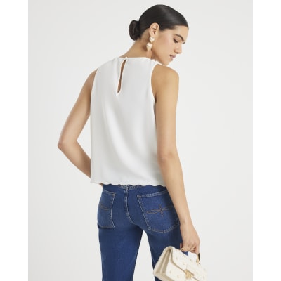 Cream Scallop Trim Tank Top