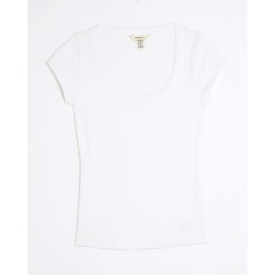 Cream Scoop Neck Cap Sleeve T-shirt
