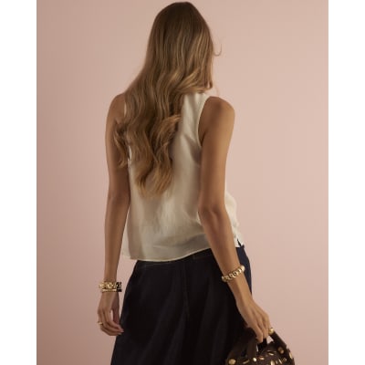 Cream Sheer Pussybow Neck Tie Blouse