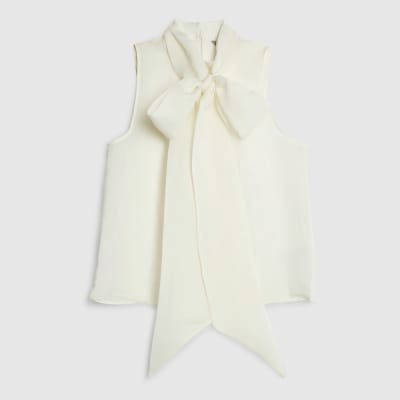 Cream Sheer Pussybow Neck Tie Blouse