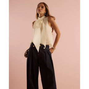 Cream Sheer Pussybow Neck Tie Blouse