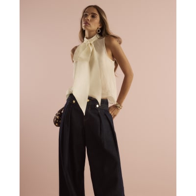 Cream Sheer Pussybow Neck Tie Blouse