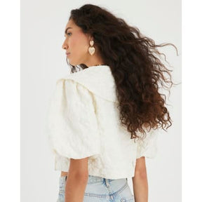 Cream Short Puff Sleeve Cropped Button Up Top