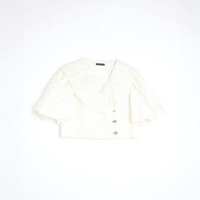Cream Short Puff Sleeve Cropped Button Up Top