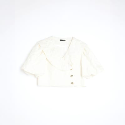 Cream Short Puff Sleeve Cropped Button Up Top