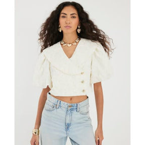Cream Short Puff Sleeve Cropped Button Up Top