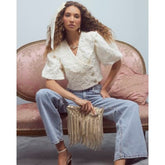 Cream Short Puff Sleeve Cropped Button Up Top