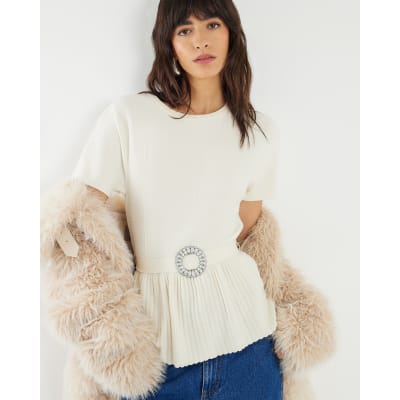 Cream Short sleeve Belted Pleat Top