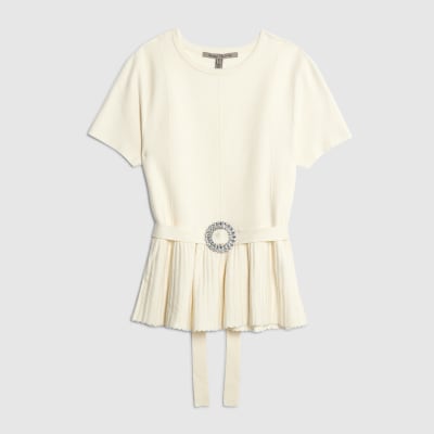 Cream Short sleeve Belted Pleat Top
