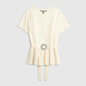 Cream Short sleeve Belted Pleat Top