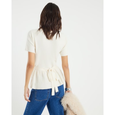 Cream Short sleeve Belted Pleat Top