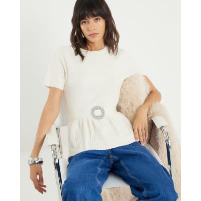 Cream Short sleeve Belted Pleat Top