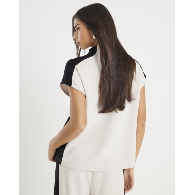 Cream Short Sleeve Colour Block High Neck Top