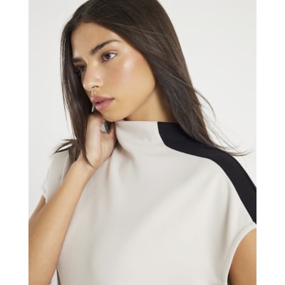 Cream Short Sleeve Colour Block High Neck Top