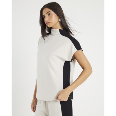 Cream Short Sleeve Colour Block High Neck Top