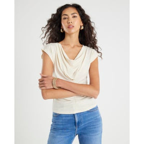 Cream Short Sleeve Cowl Neck Top