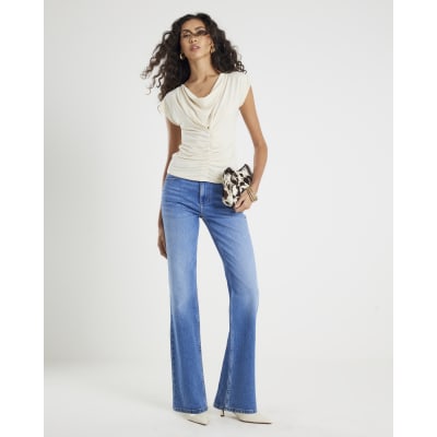 Cream Short Sleeve Cowl Neck Top