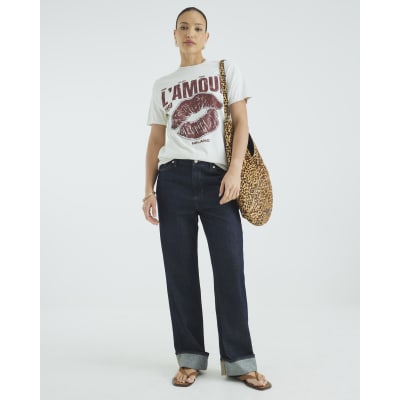 Cream Short Sleeve Diamante Lips T-shirt