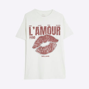 Cream Short Sleeve Diamante Lips T-shirt