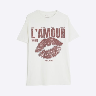 Cream Short Sleeve Diamante Lips T-shirt