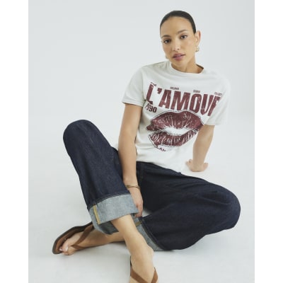 Cream Short Sleeve Diamante Lips T-shirt