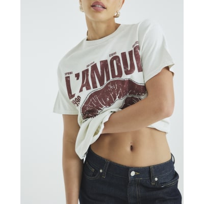 Cream Short Sleeve Diamante Lips T-shirt