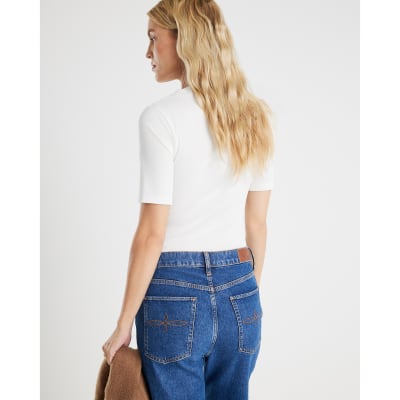 Cream Short Sleeve High Neck Drape Top